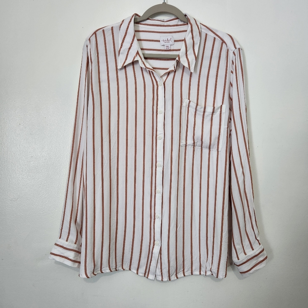 Isabel by Ingrid & Isabel XXL White Rust Striped Button Up Shirt Oversized Tunic